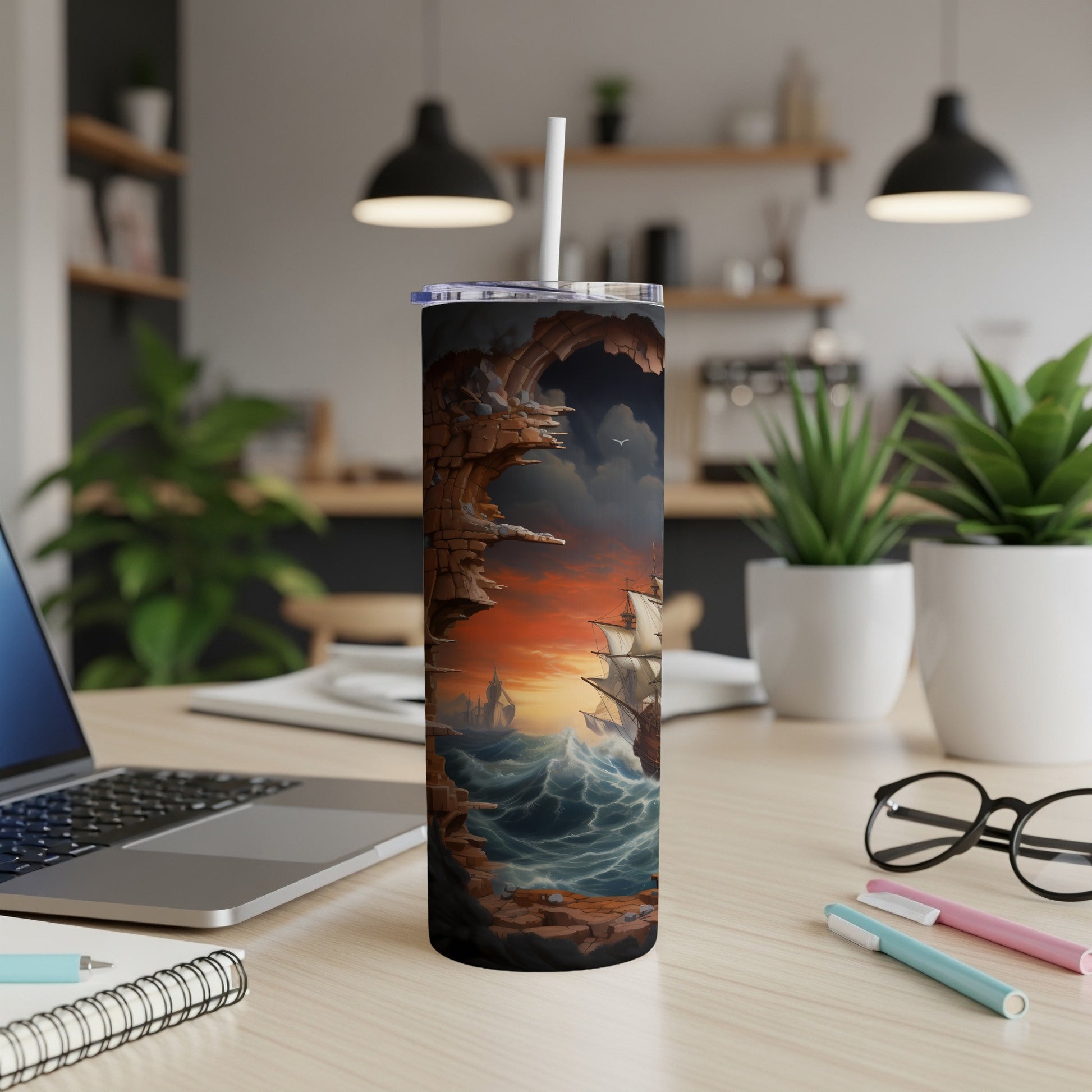 Tumbler with a sailing ship in a stormy sea, cliffs, and a sunset.