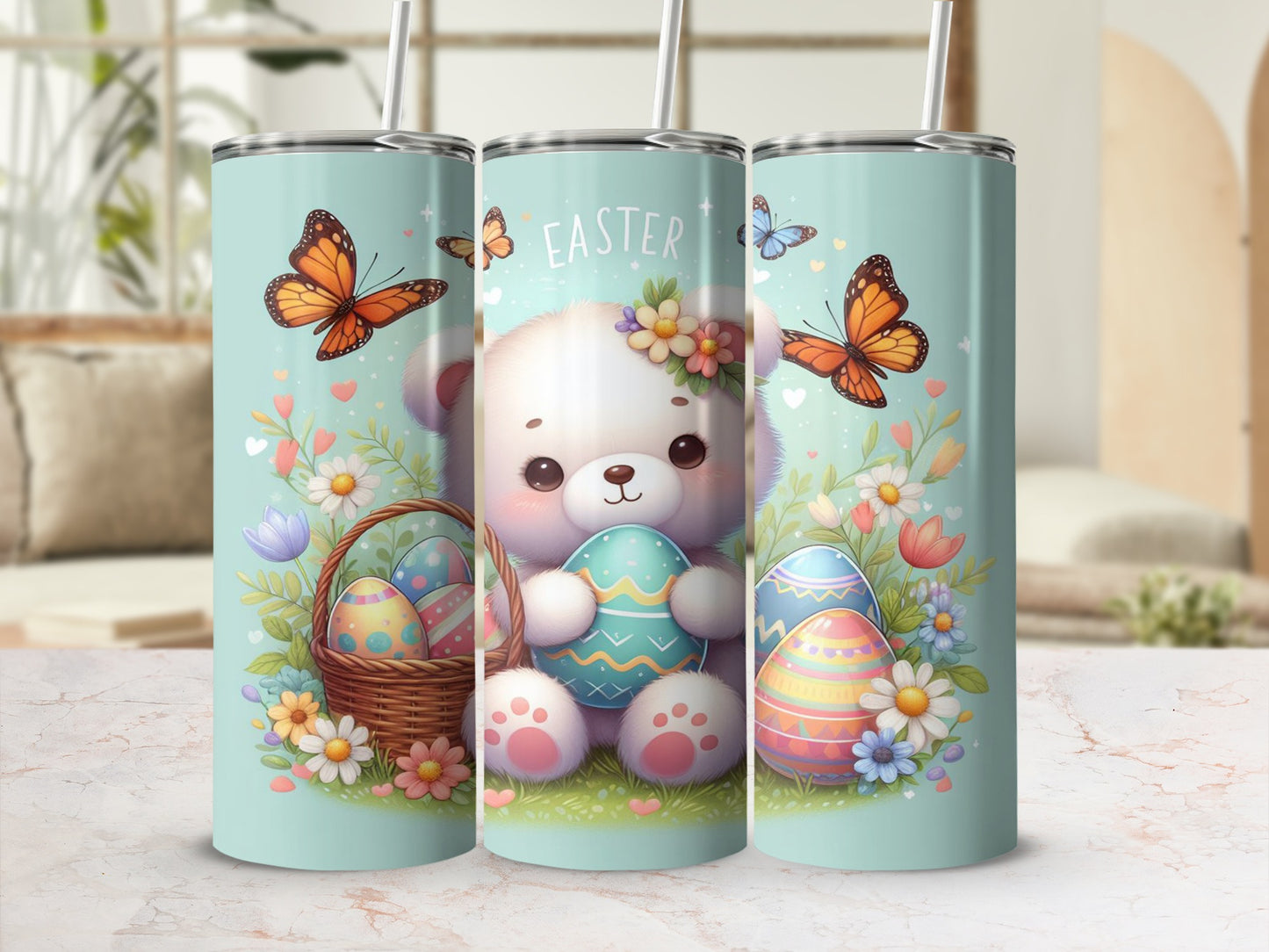 Bear holding Easter egg, surrounded by painted eggs and butterflies.