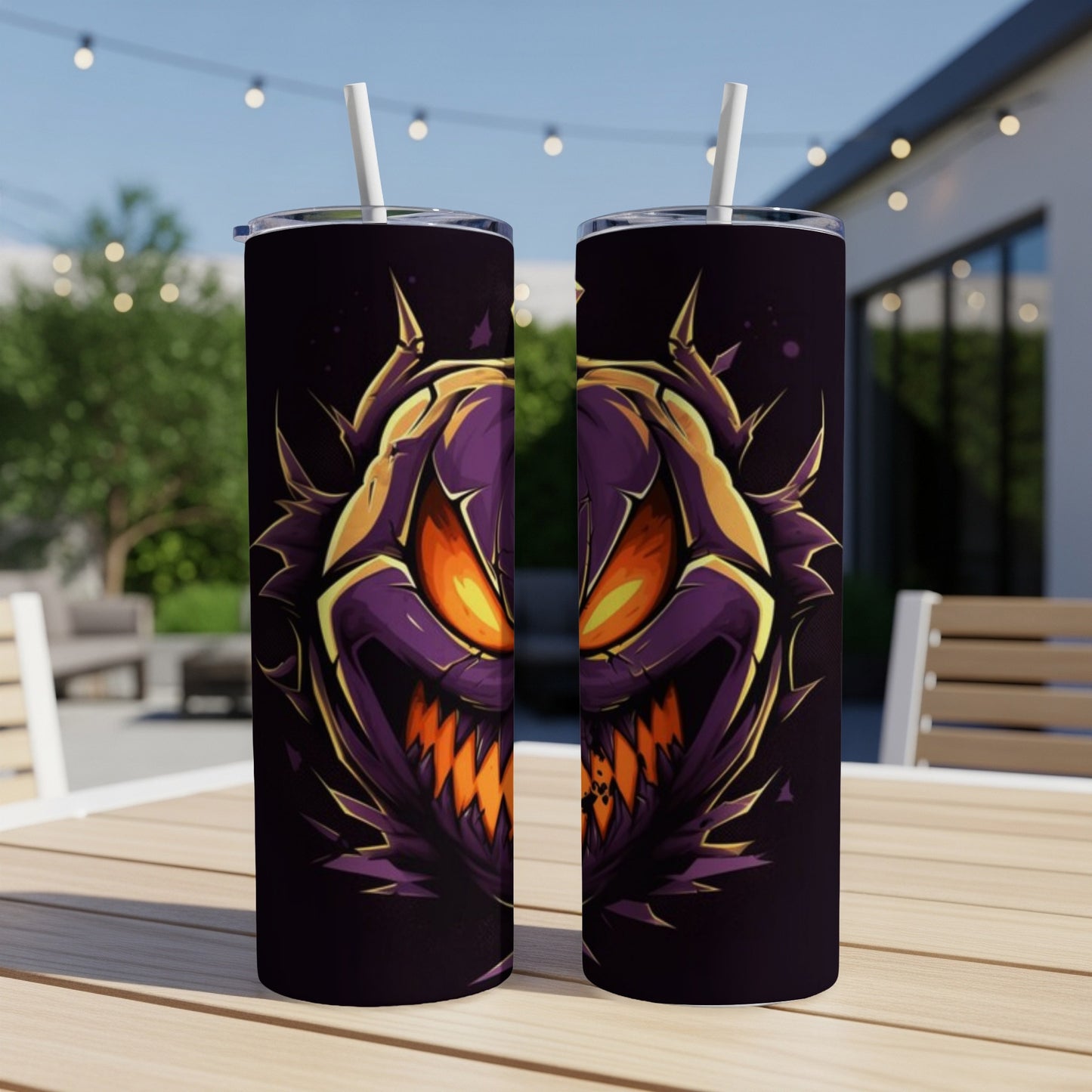 Two tumblers with a purple and orange evil jack-o'-lantern face design.