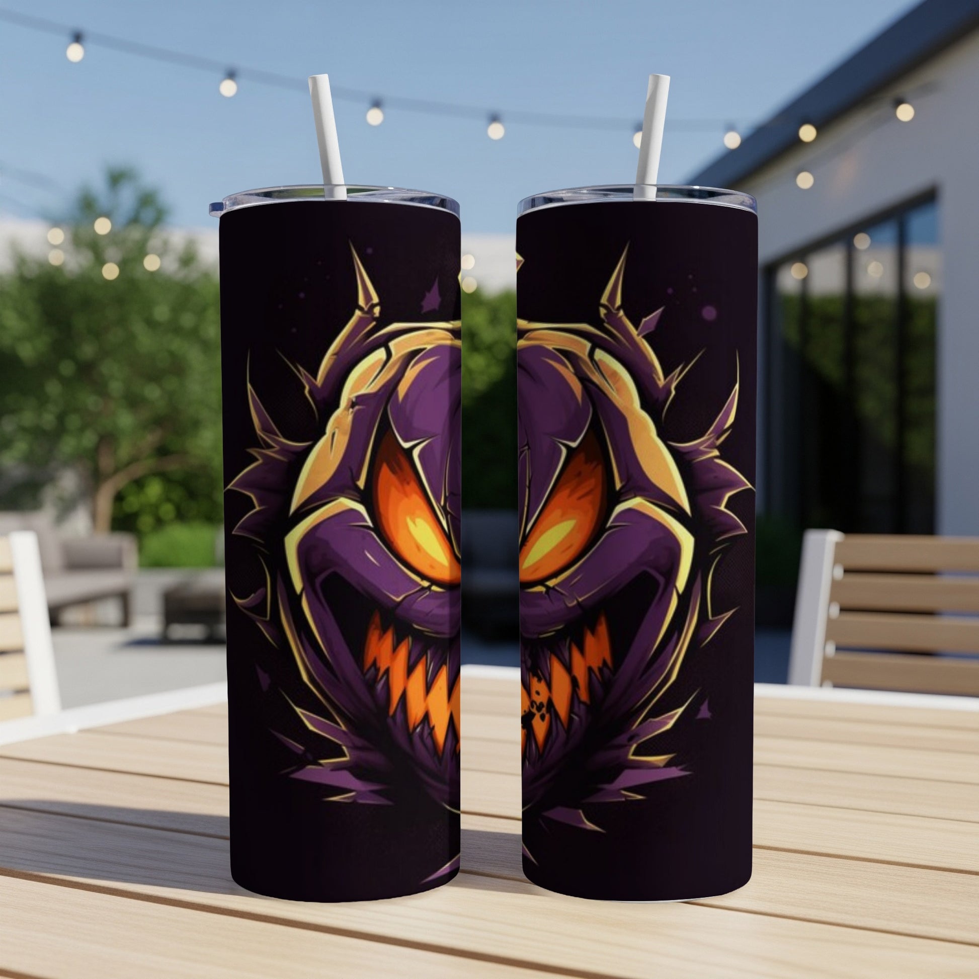 Two tumblers with a purple and orange evil jack-o'-lantern face design.