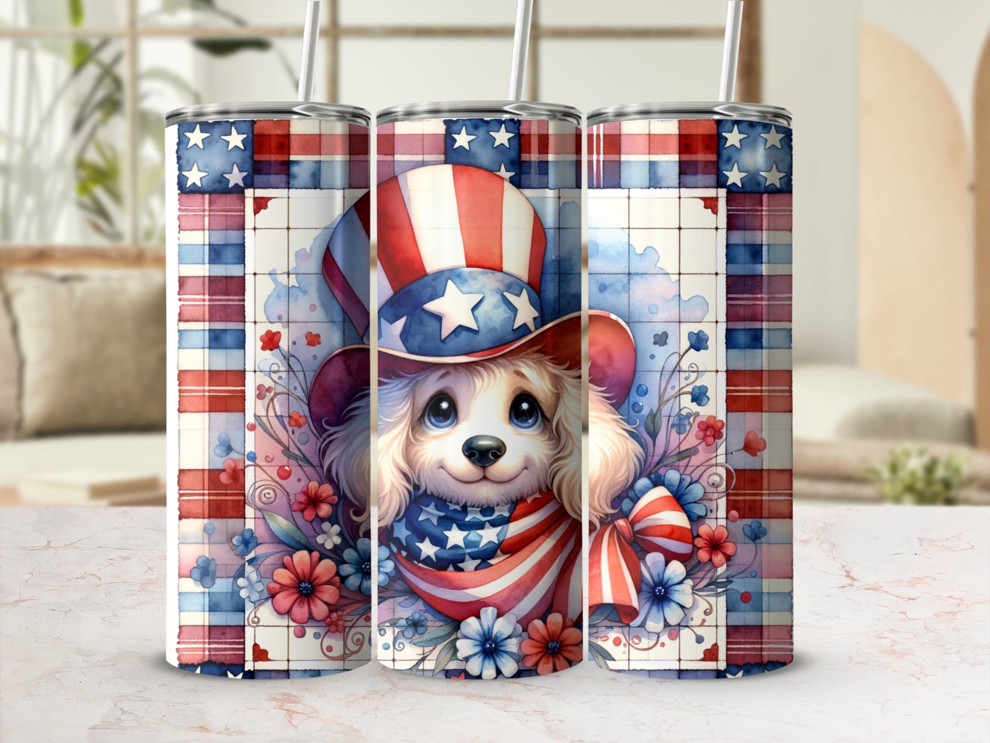 Patriotic puppy in Uncle Sam hat with stars and stripes.