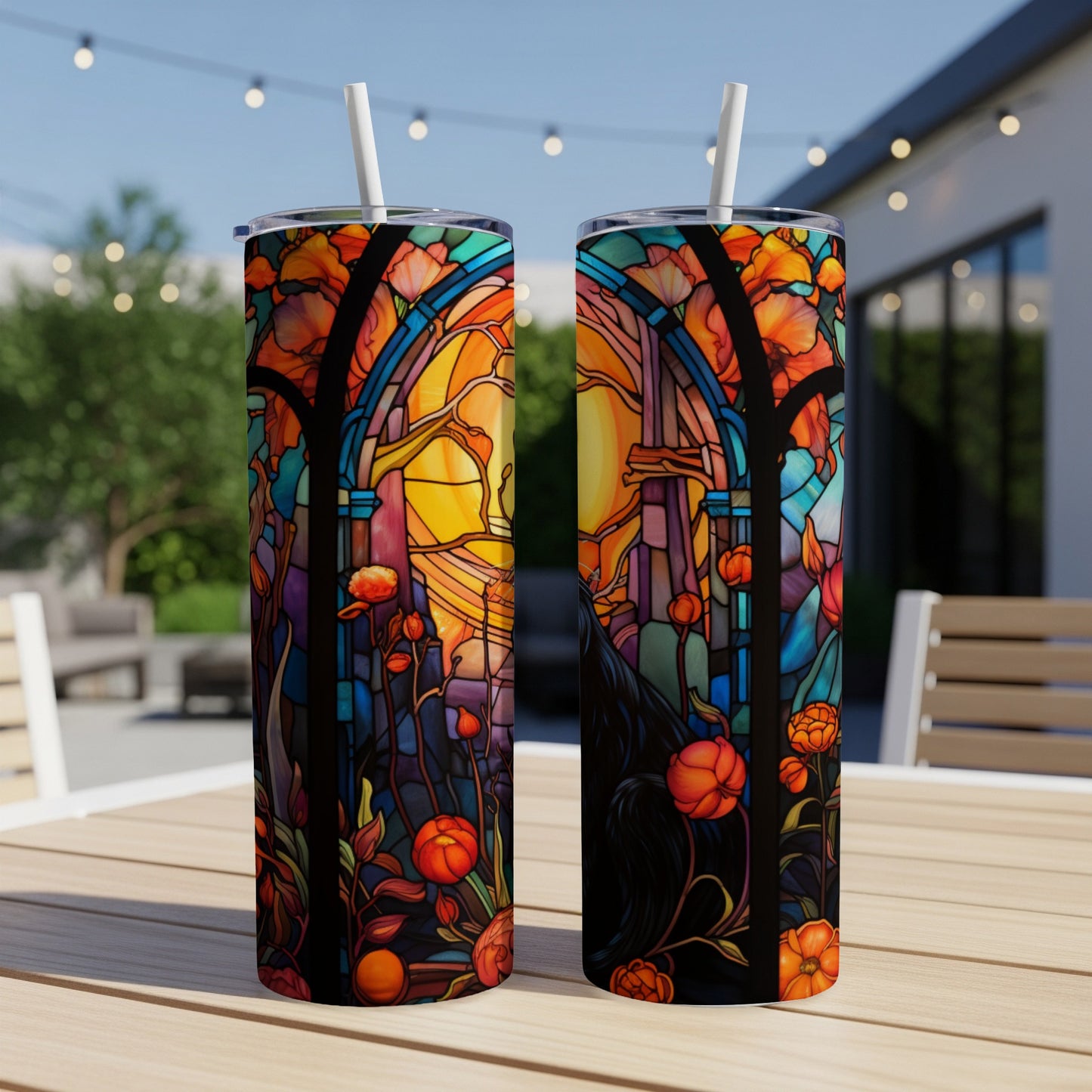 Two tumblers with stained glass design of autumn flowers and arches on a table.