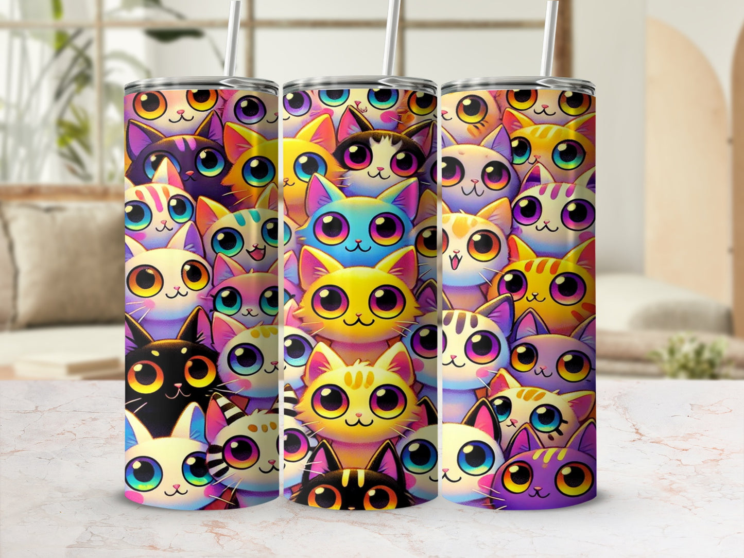 Colorful Cute Cat Faces Pattern Tumbler Cup
