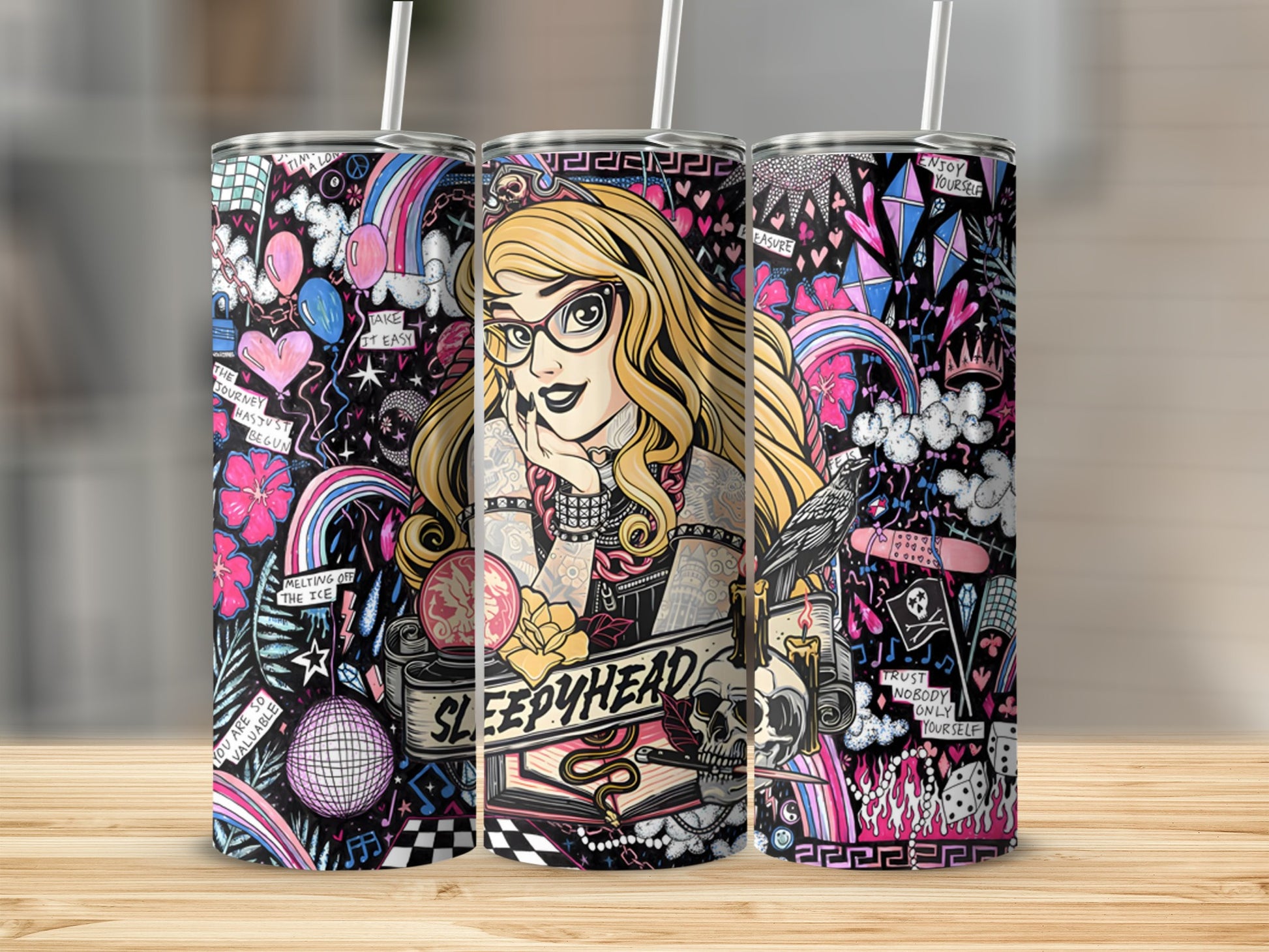Vibrant Sleepyhead Design Travel Tumbler With Unique Art