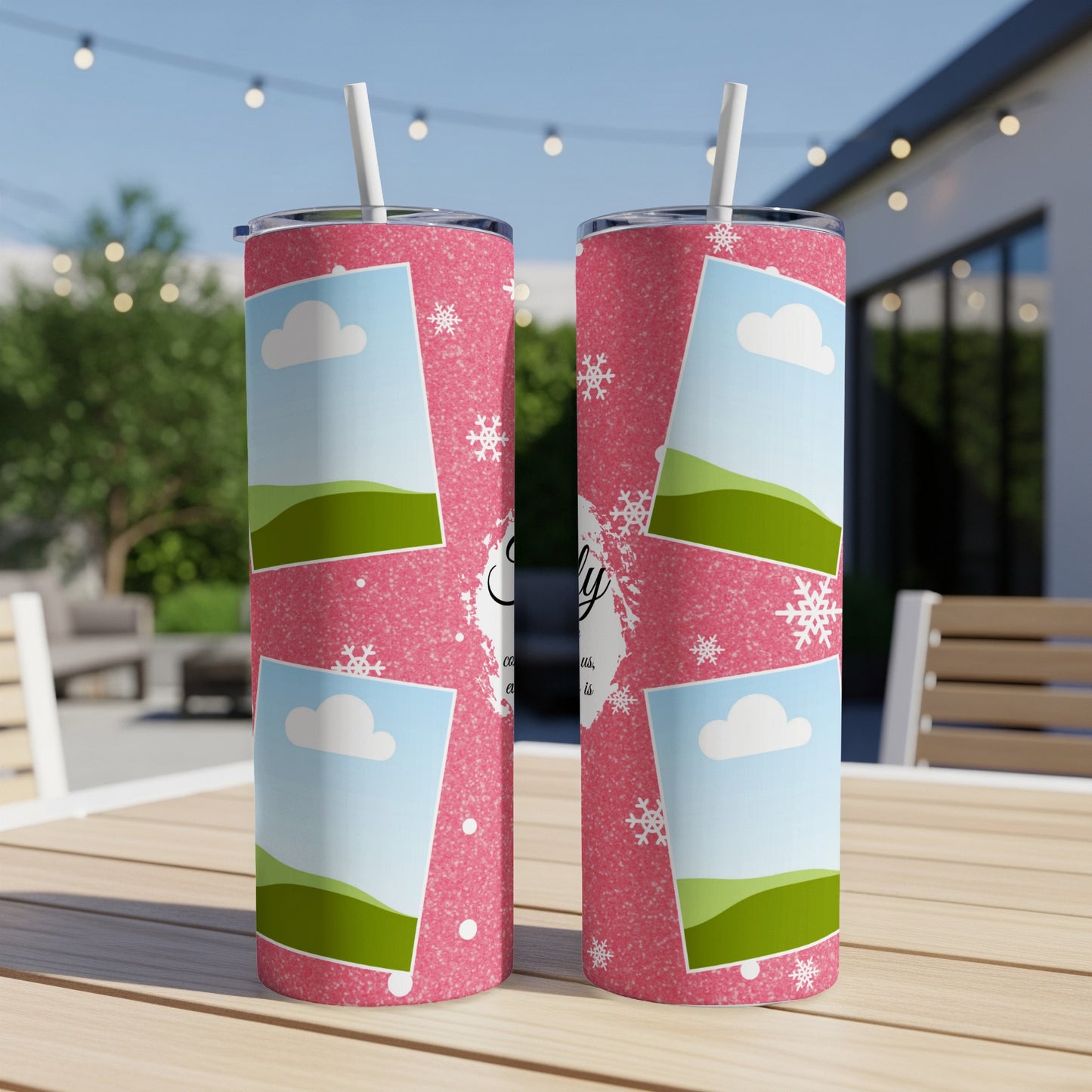 Two pink glitter tumblers with sky, cloud, and landscape designs and text.