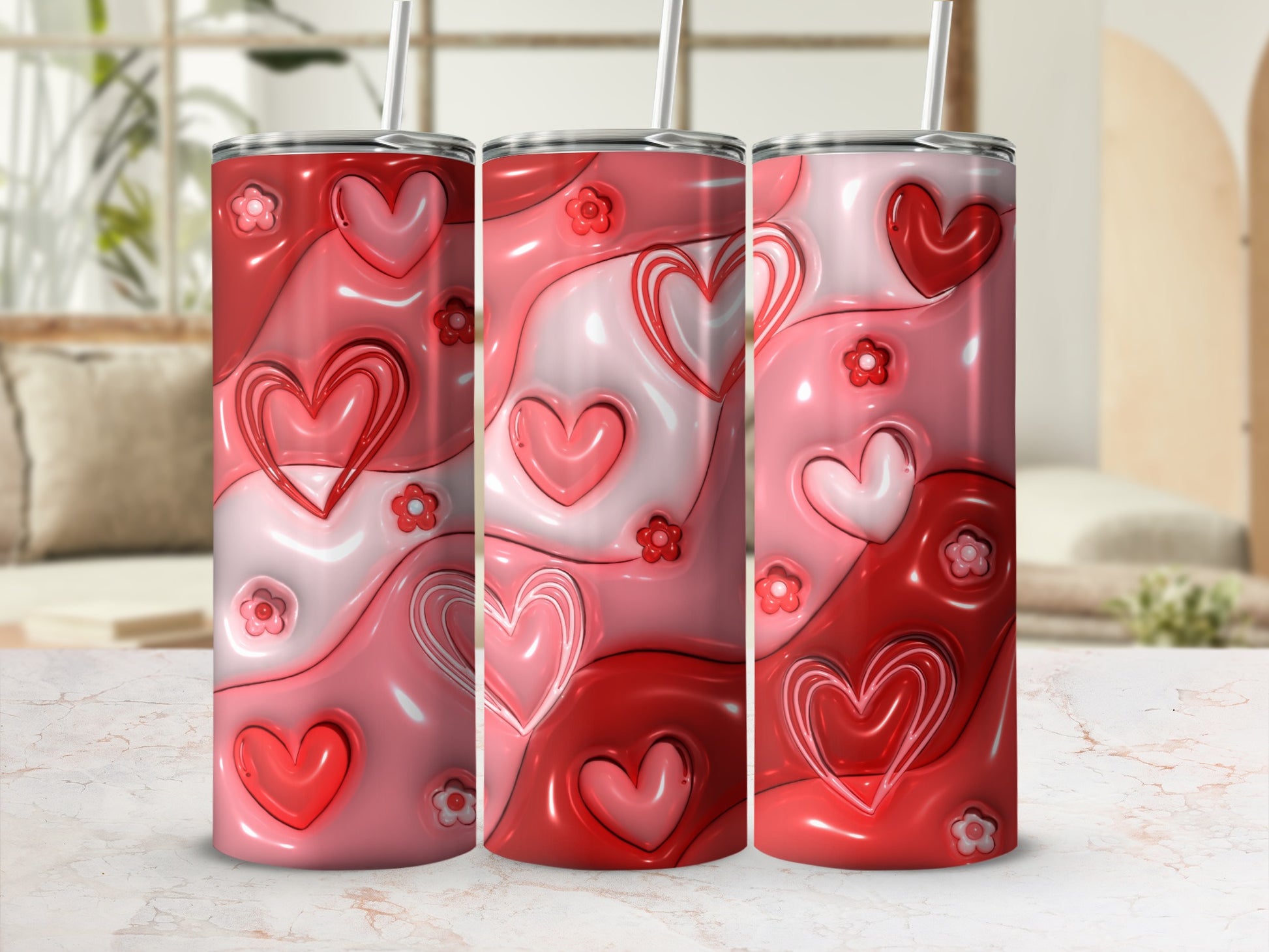 Abstract Red Pink Hearts Flowers Swirl Design Tumbler product type
