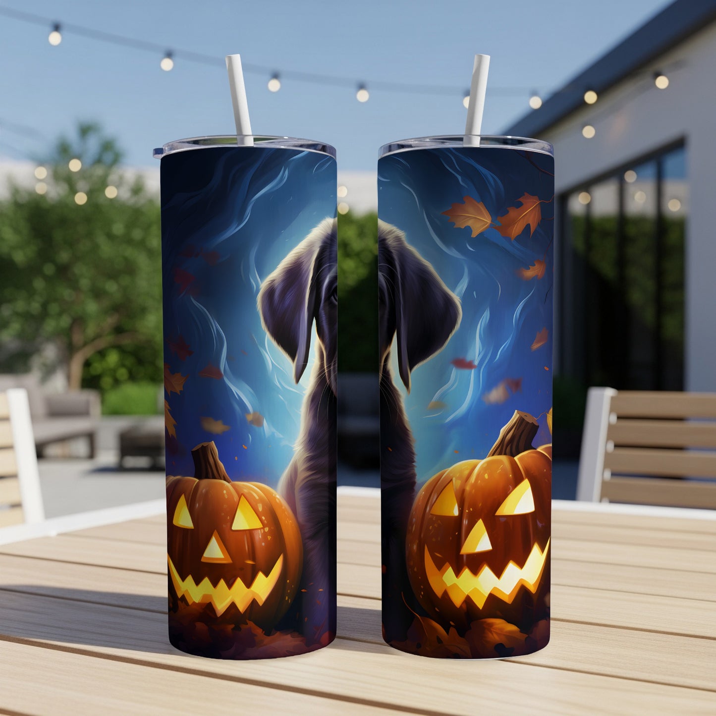 Two tumblers with a Halloween dog and pumpkin design.