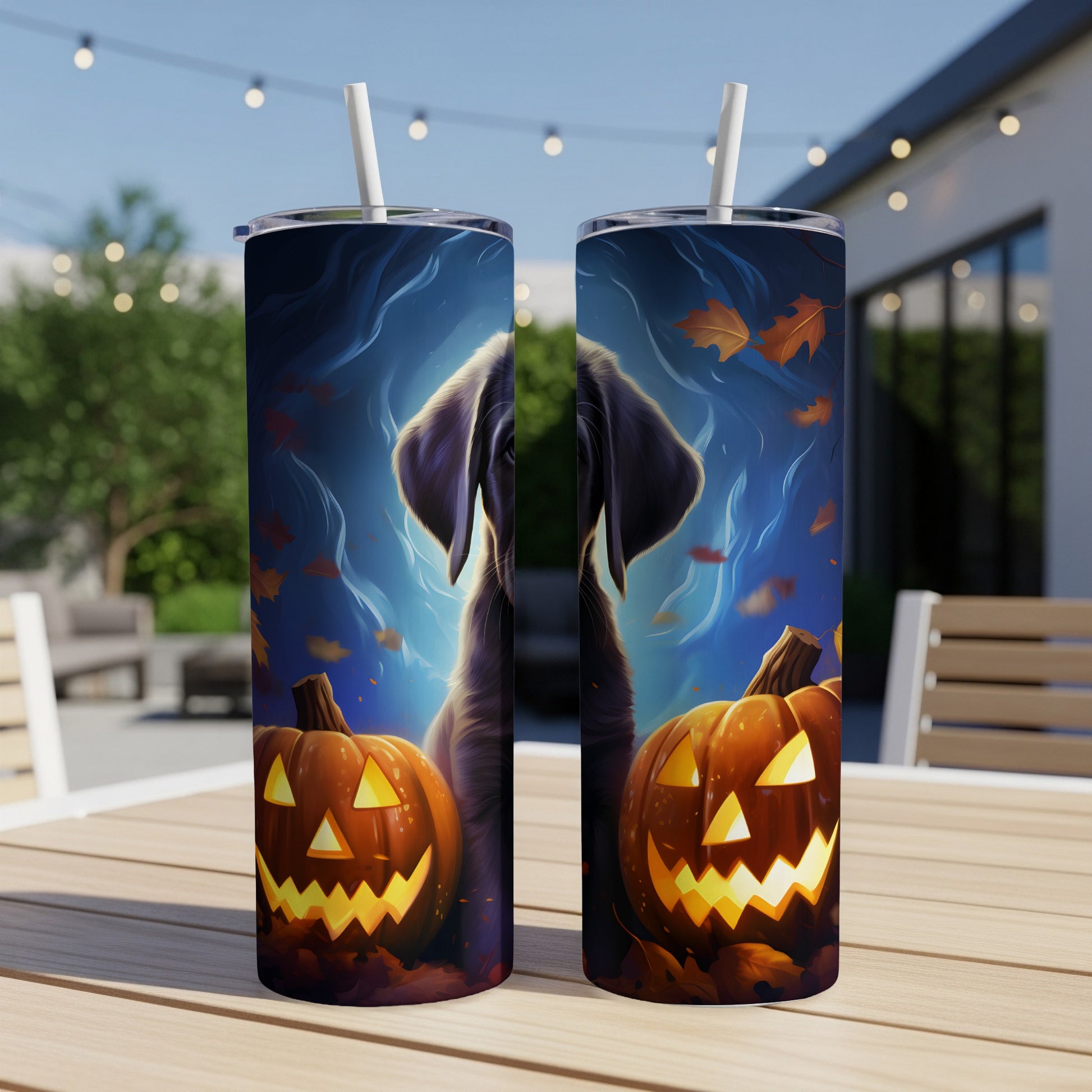 Two tumblers with a Halloween dog and pumpkin design.