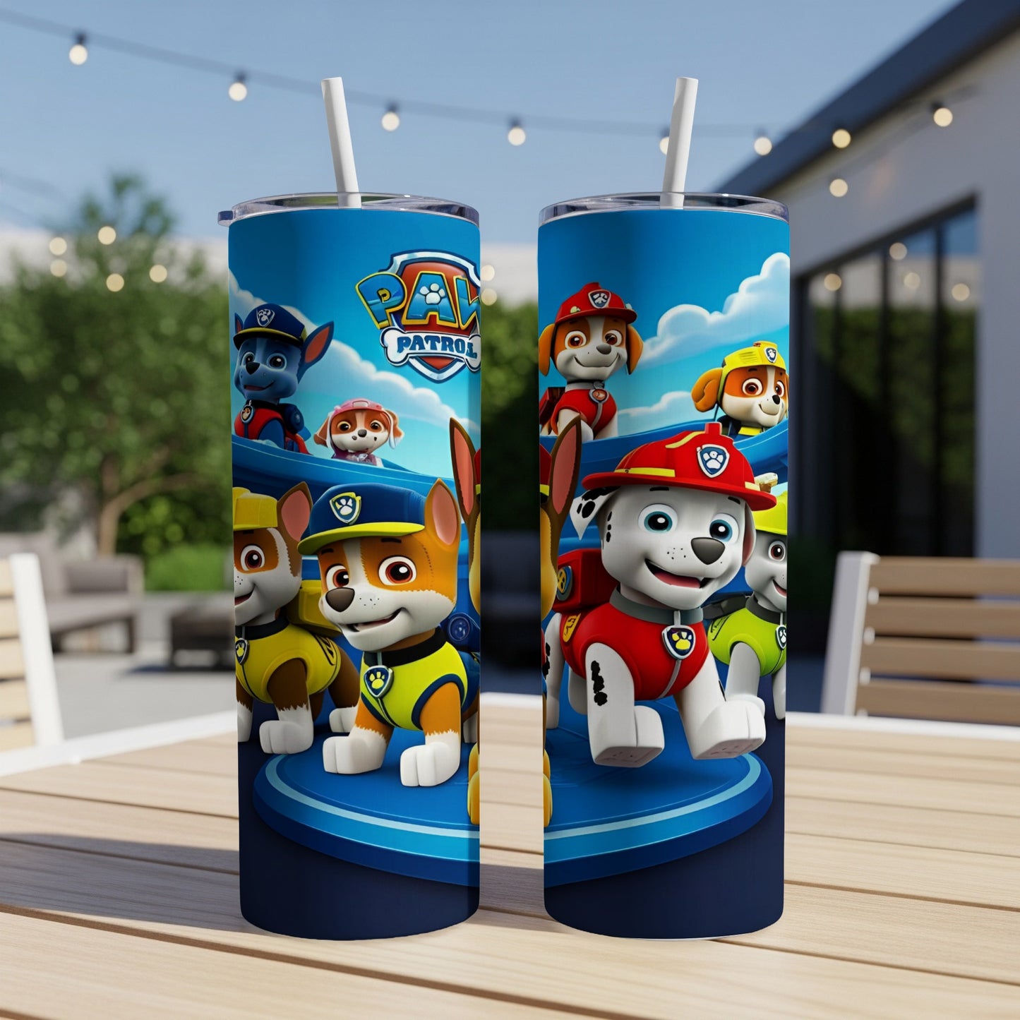 Paw Patrol characters Chase and Marshall on a blue platform, with the Paw Patrol logo.