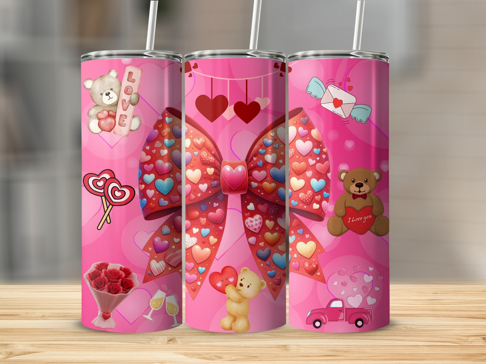 Valentine's Themed Tumblers with Heart and Teddy Bear Designs