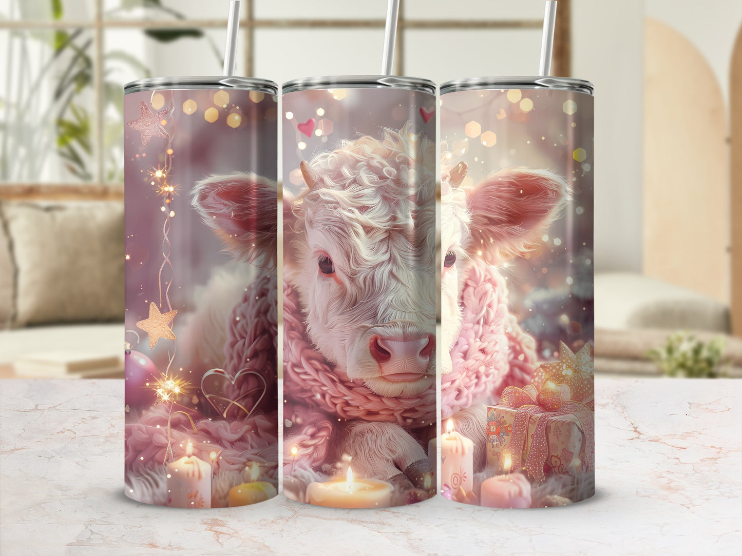 White calf wearing pink scarf surrounded by candles and gift boxes.
