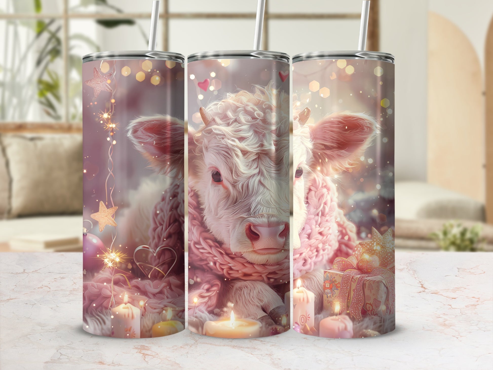 White calf wearing pink scarf surrounded by candles and gift boxes.