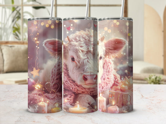 White calf wearing pink scarf surrounded by candles and gift boxes.