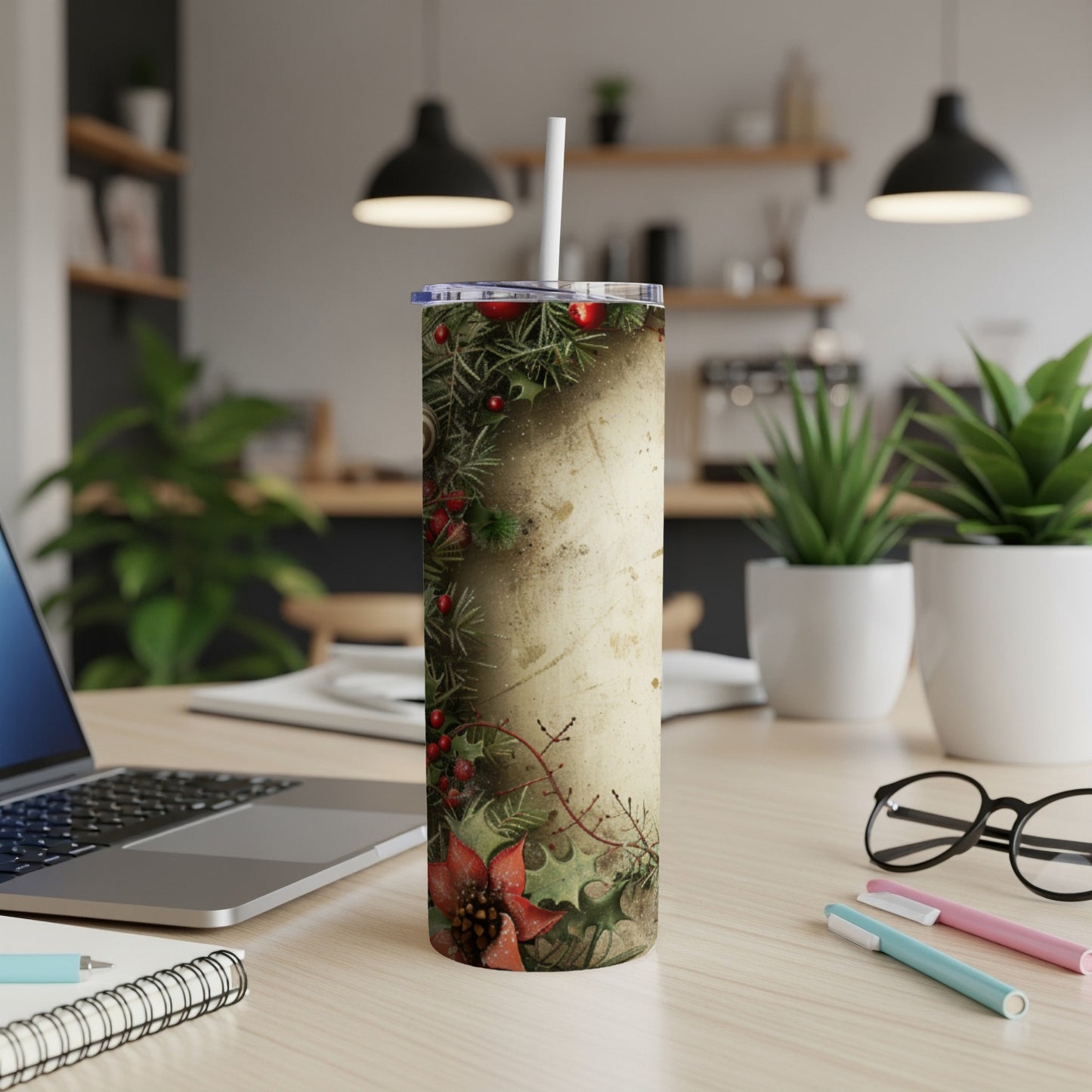 Creamy tumbler with Christmas holly and poinsettia design.