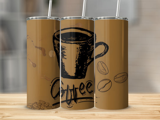 Coffee Themed Tumbler with Coffee Cup and Beans Design
