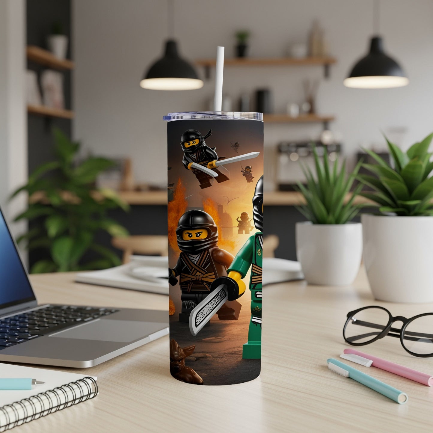 Two LEGO ninjas in battle on a wood-grain tumbler.