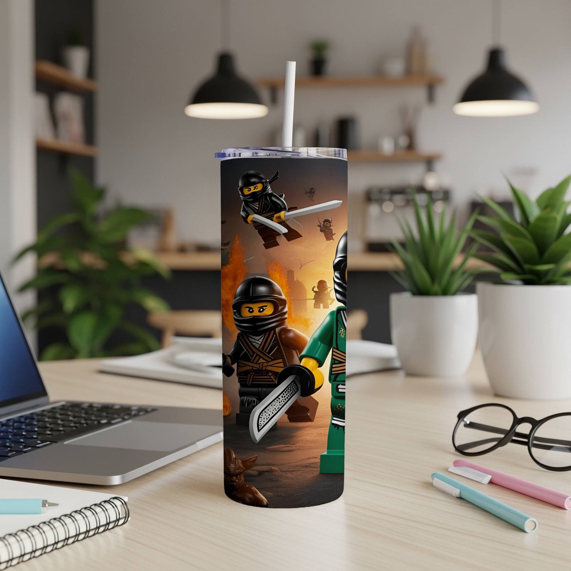Two LEGO ninjas in battle on a wood-grain tumbler.