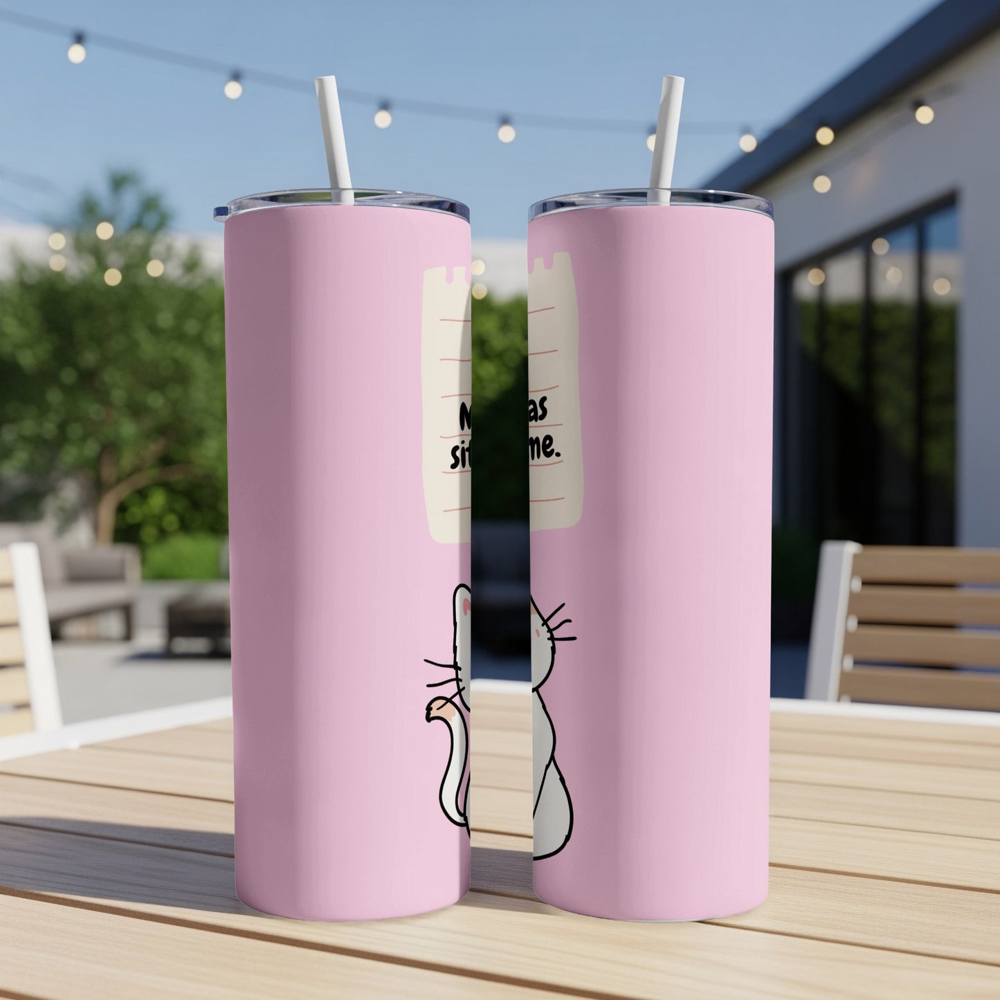 Pink tumbler with a white cat drawing and "Meow has sin-some." text.
