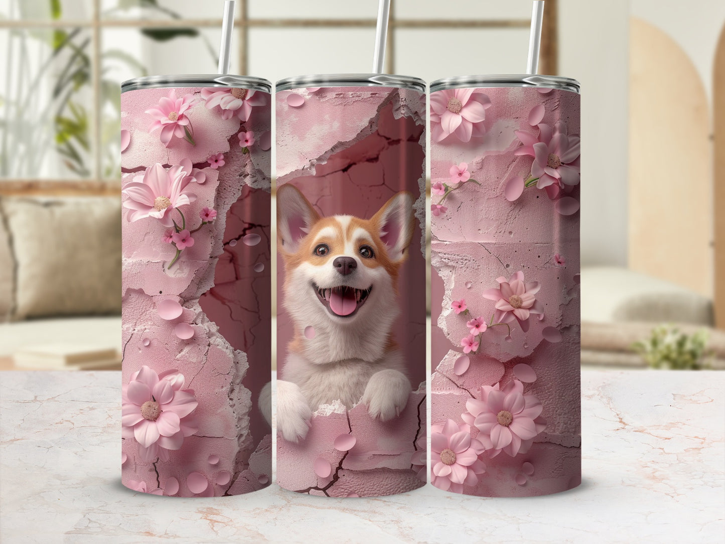 Adorable Corgi Puppy Pink Flowers Cracking Wall product type