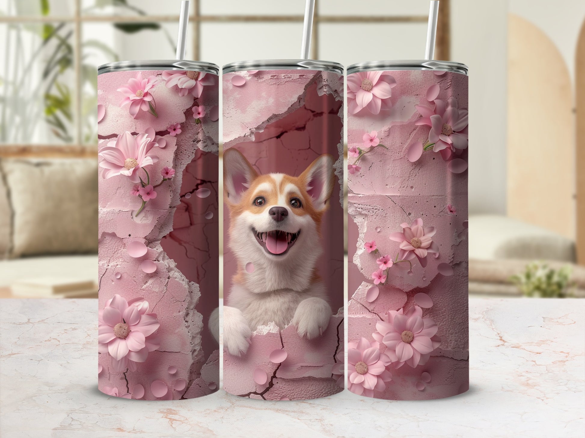 Adorable Corgi Puppy Pink Flowers Cracking Wall product type