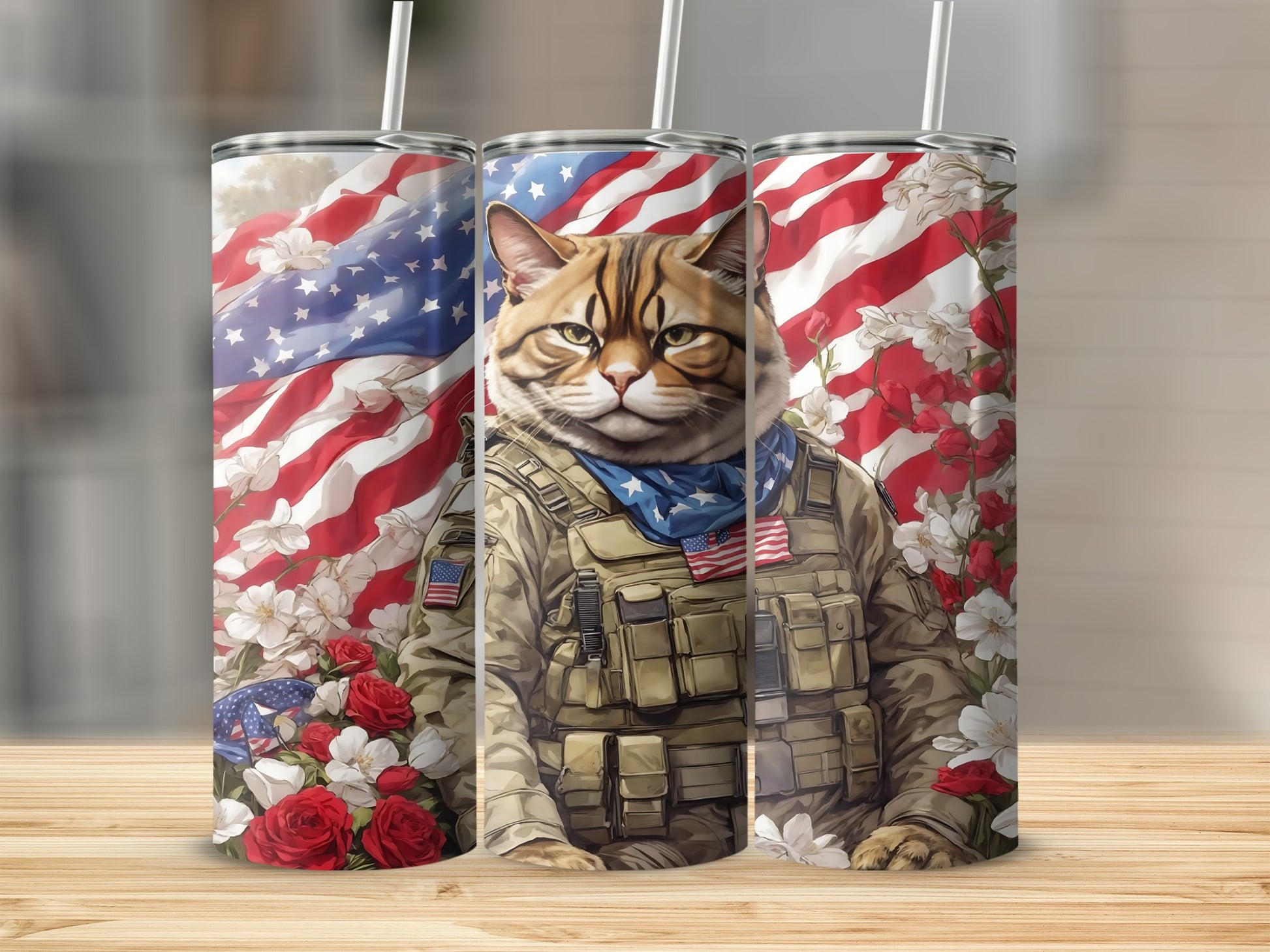 Cat in military uniform with American flag background and flowers.