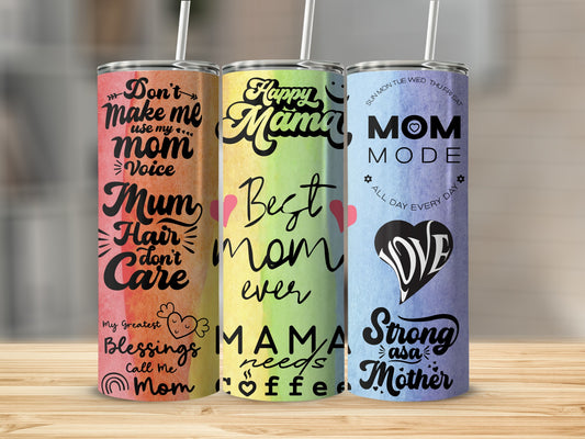Mom-themed tumblers with fun quotes and designs