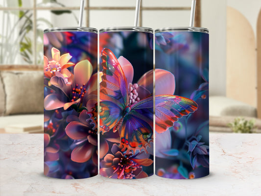 Three tumblers featuring a colorful butterfly on a floral background.