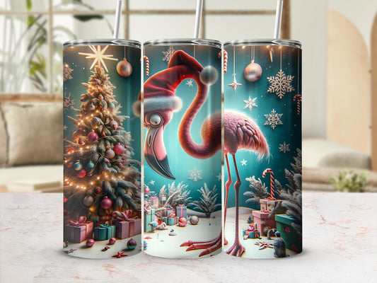 Pink flamingo in Santa hat with Christmas tree and presents.