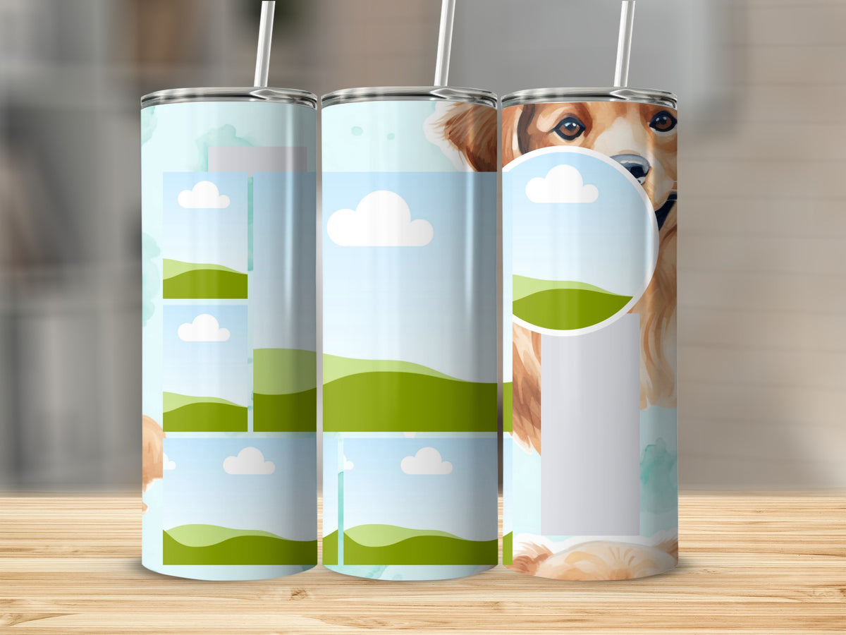 Three tumblers with a golden retriever design and photo collage placeholder.