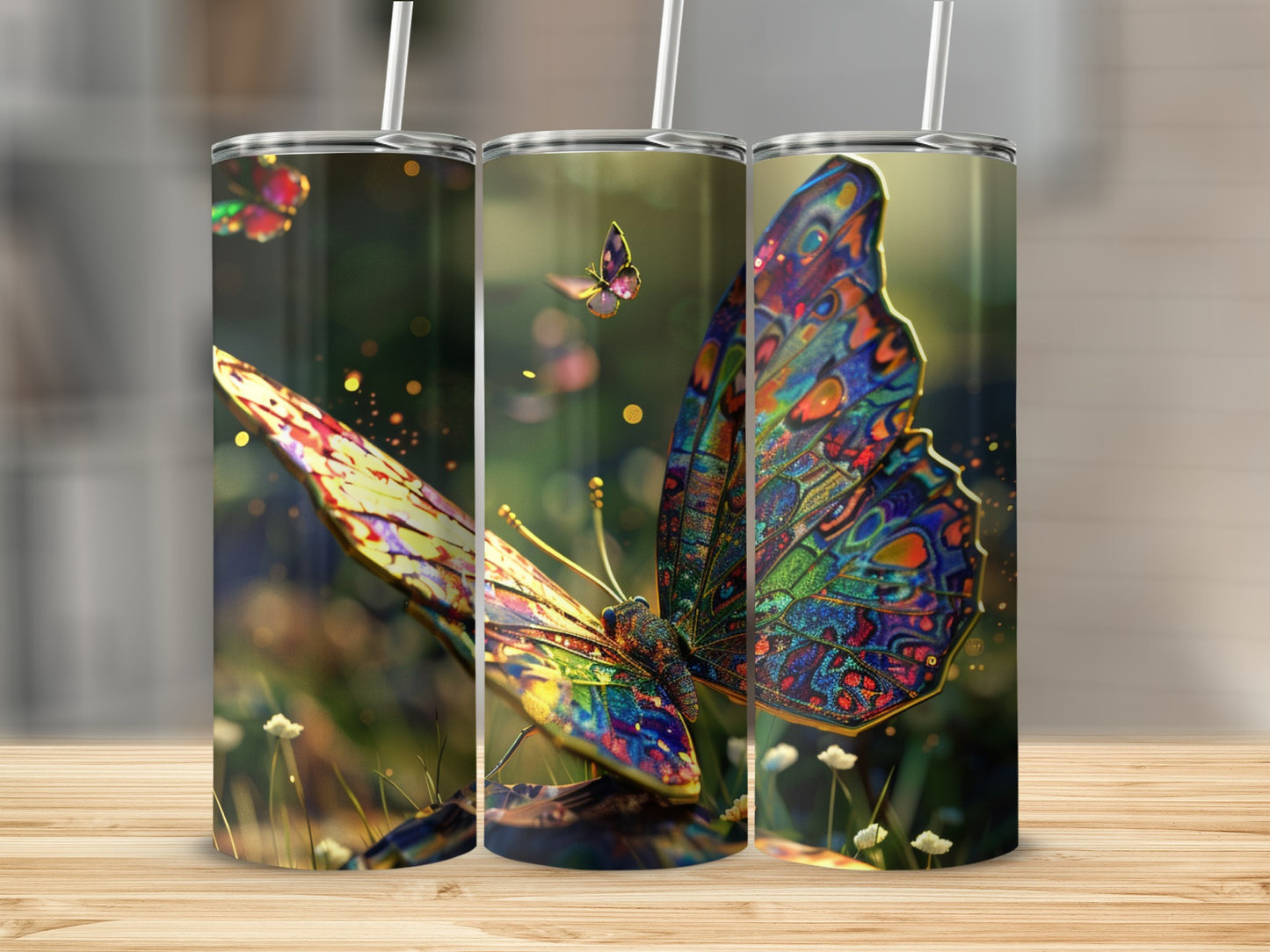 Three tumblers featuring a vibrant, colorful butterfly design.