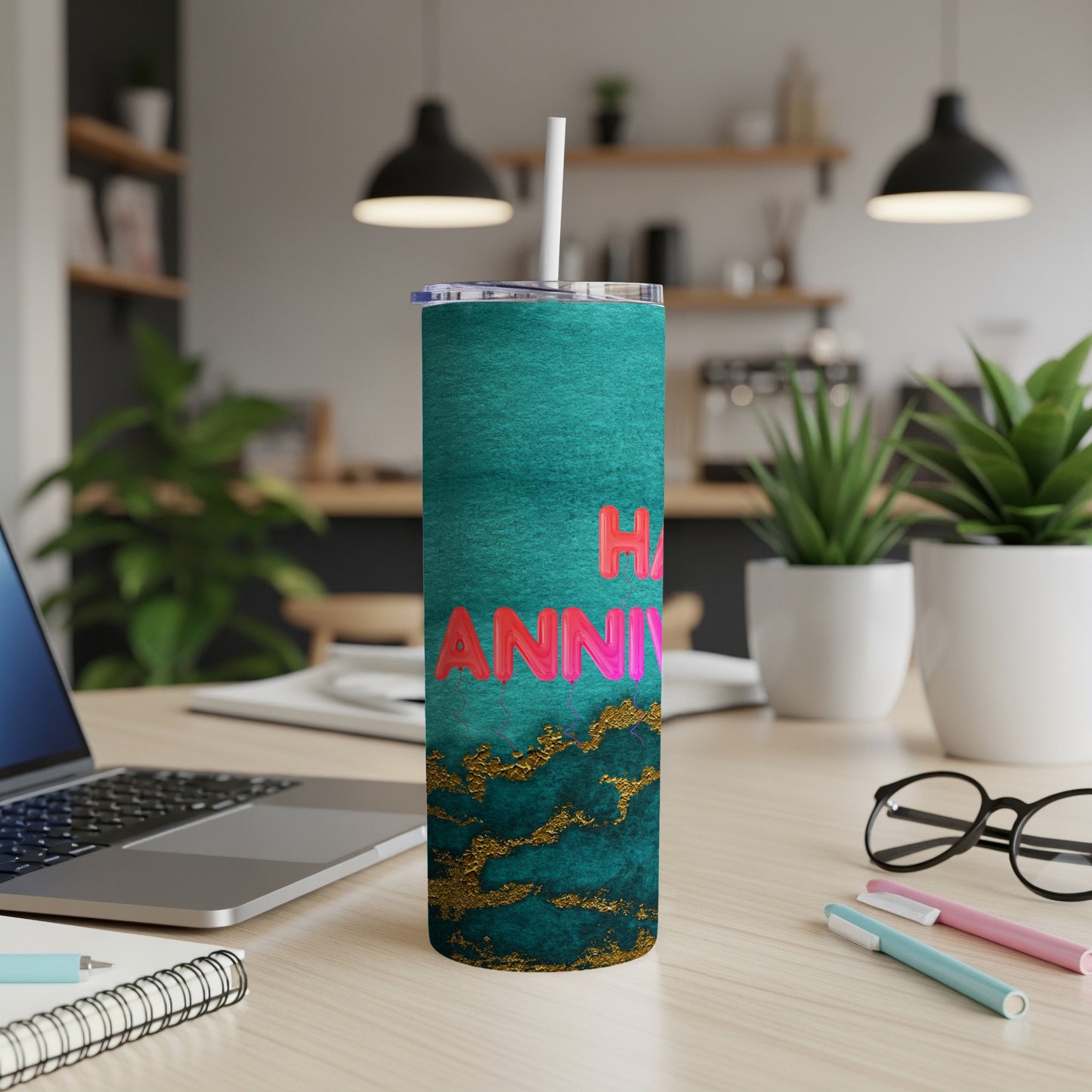 Teal textured tumbler with "Happy Anniversary" in pink letters.