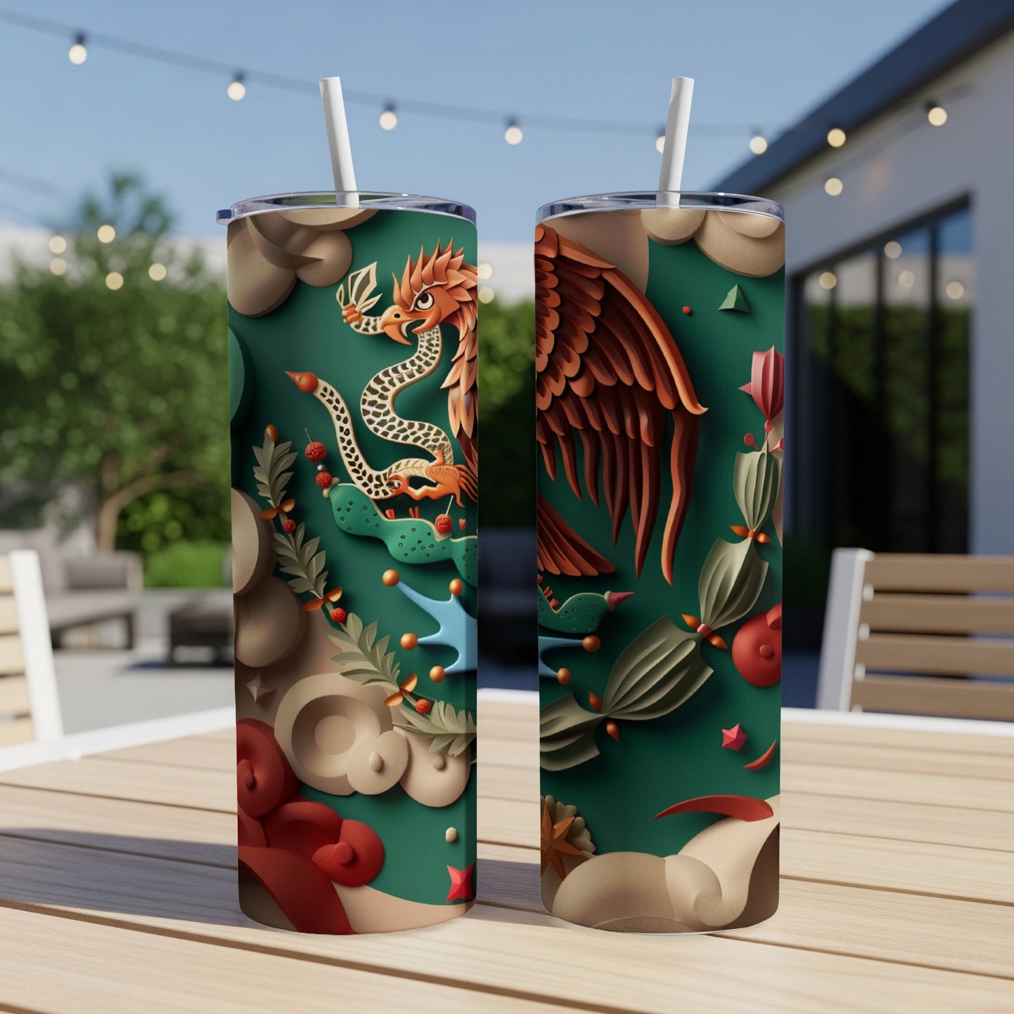 Two tumblers with Mexican flag imagery, including an eagle and serpent.