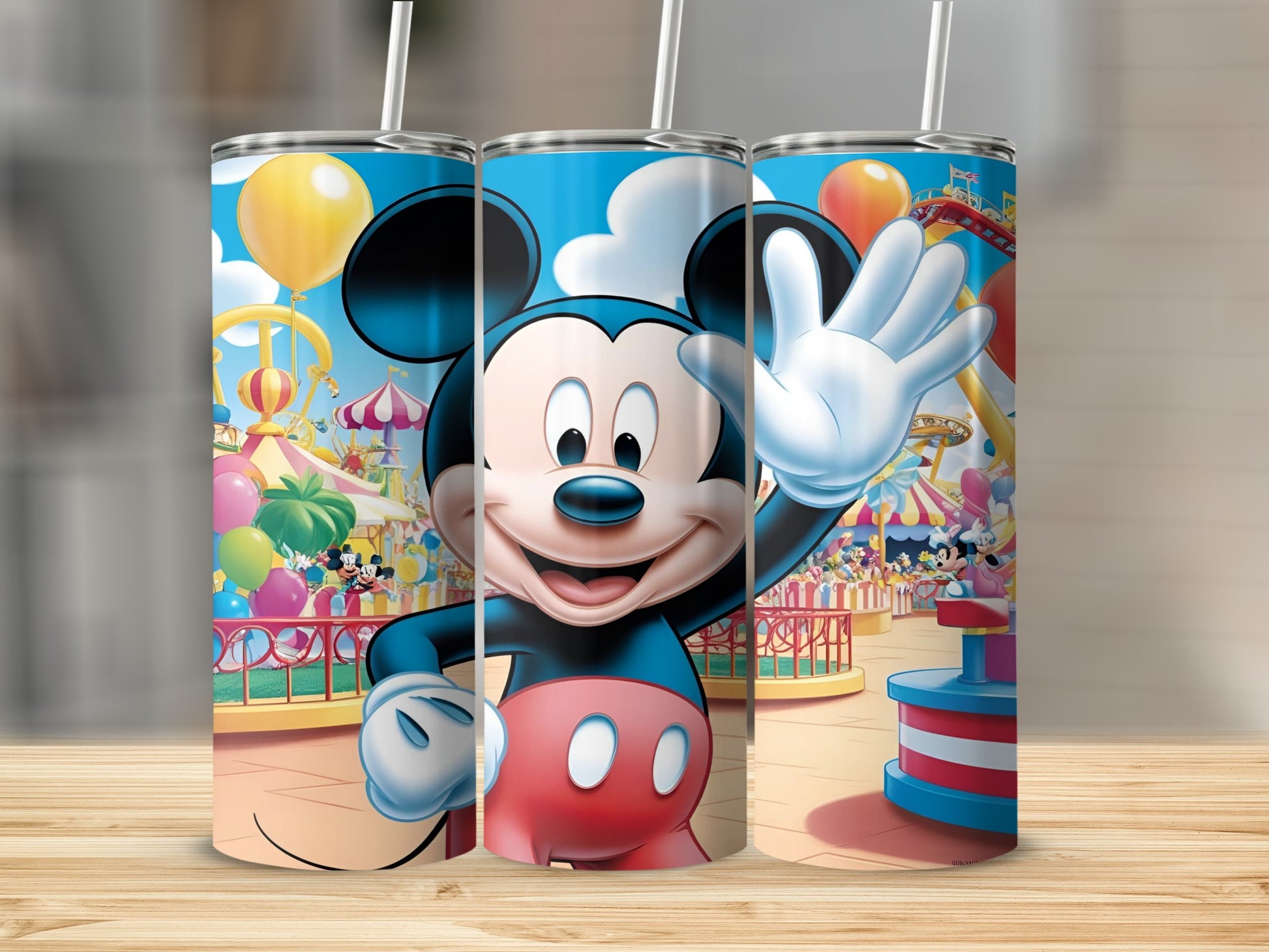 Mickey Mouse waving on a colorful carousel ride in a theme park.