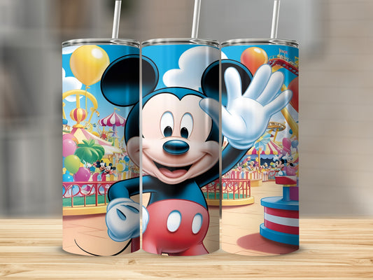 Mickey Mouse waving on a colorful carousel ride in a theme park.