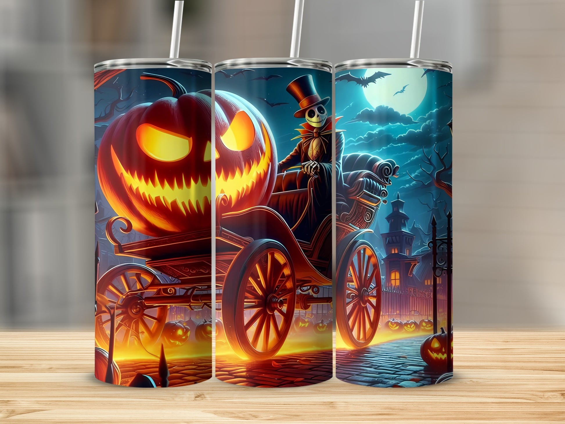 Halloween tumbler with grinning pumpkin in carriage driven by skeleton under full moon.