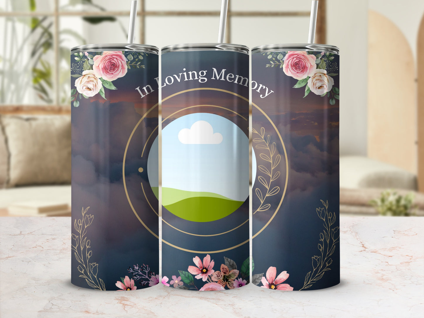 Tumbler with "In Loving Memory" text, floral accents, and scenic circular design.