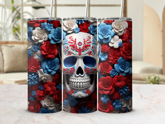 Floral skull tumbler with red, white, and blue flowers.