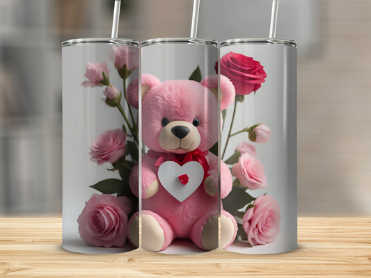 Pink Teddy Bear and Roses Design Tumbler Cup