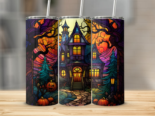 Spooky stained-glass style haunted house with pumpkins and trees.