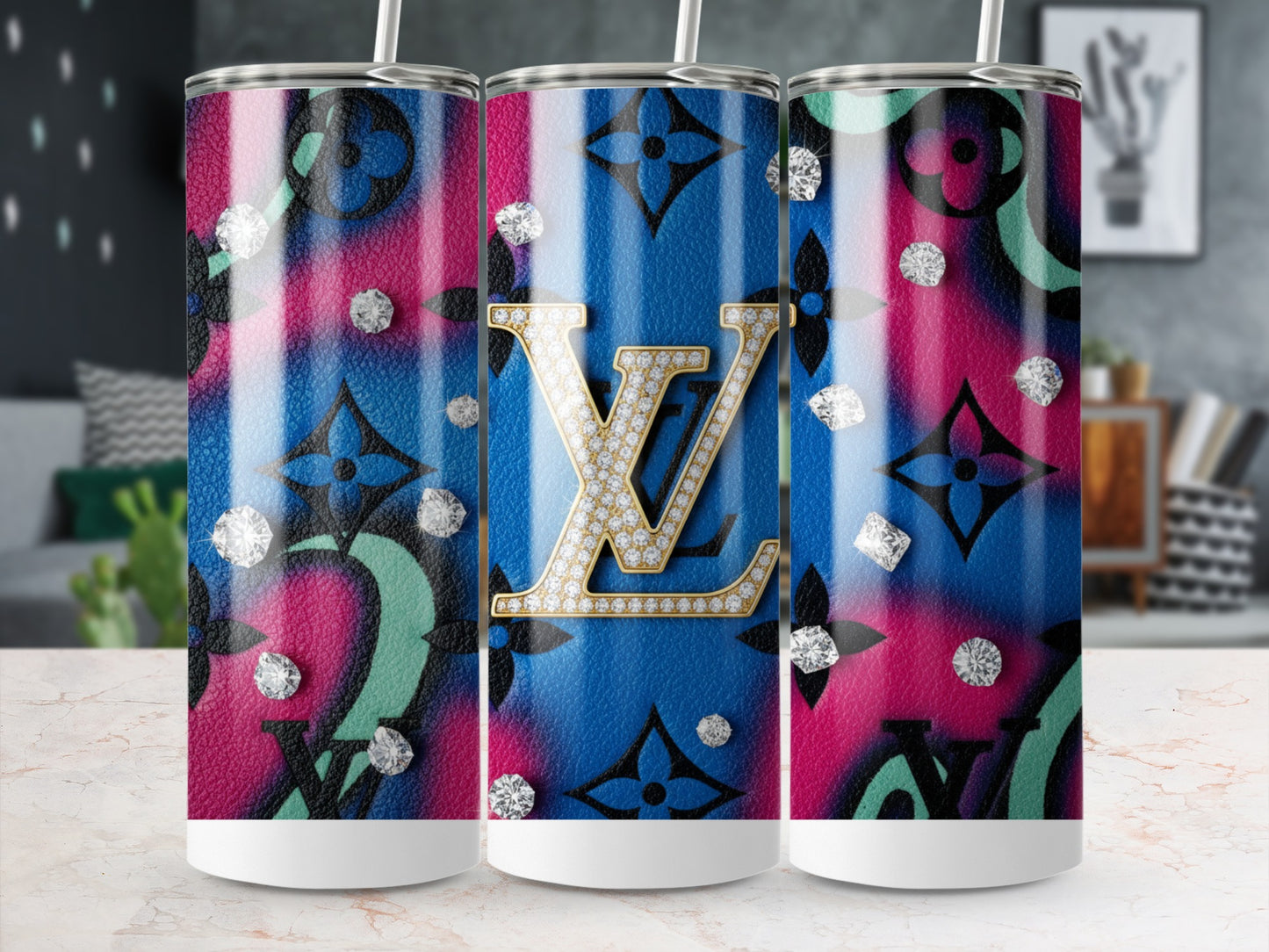 Vibrant Patterned Tumblers with Rhinestone Accent