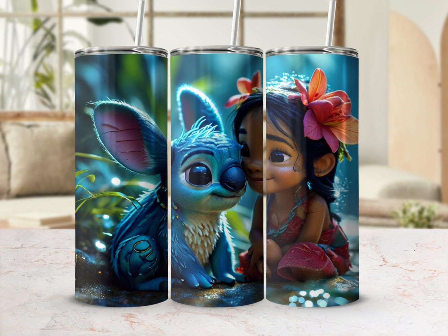 Stitch and Lilo characters on a blue and red tumbler with straws.