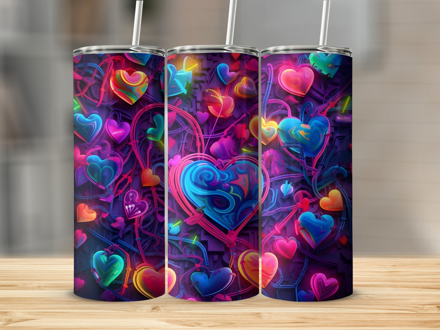 Three tumblers with vibrant neon heart patterns and straws.