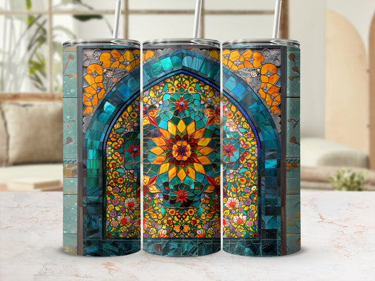 Three tumblers with a stained-glass mosaic floral arch design.