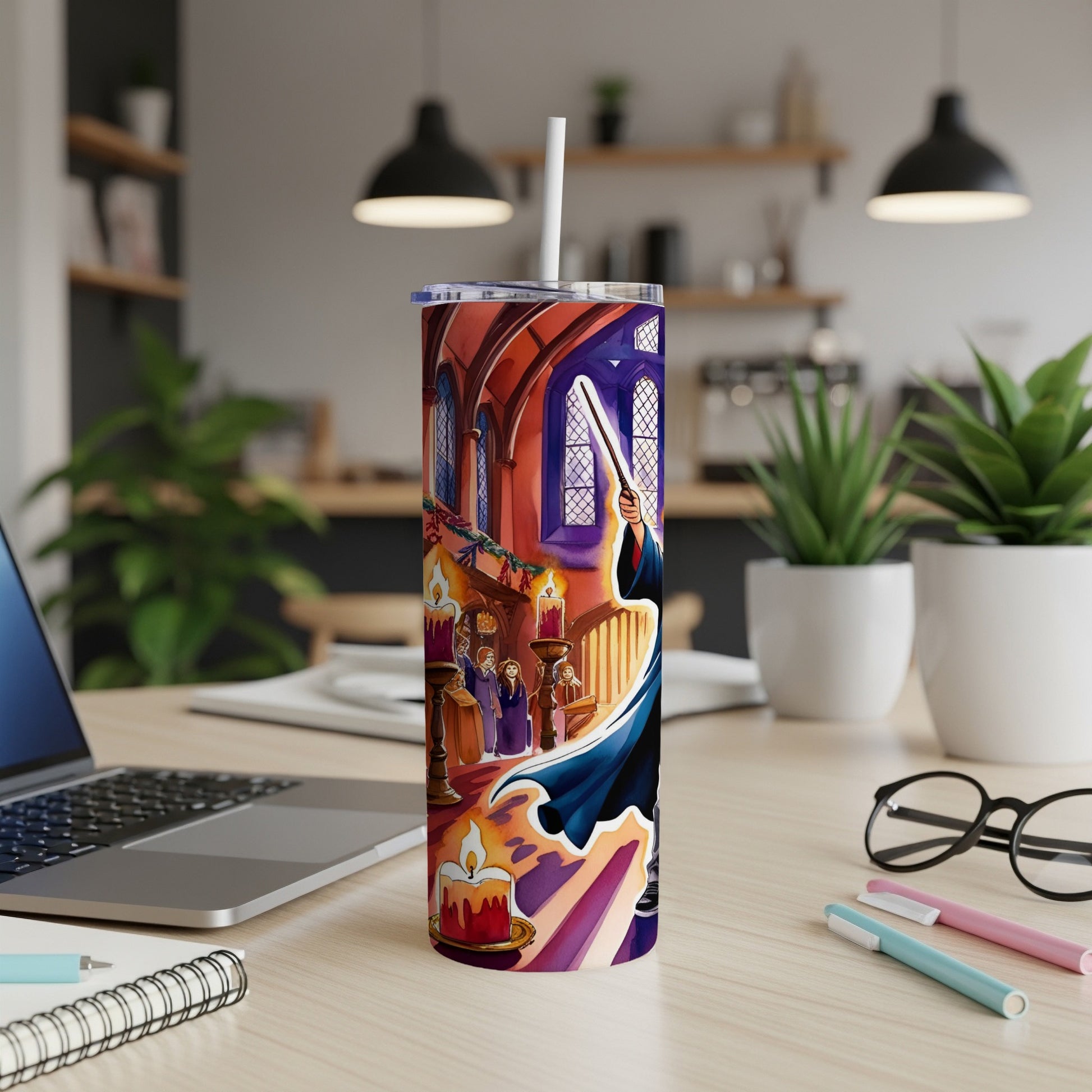 Thin tumbler with a vibrant Harry Potter-themed illustration of a holiday scene.