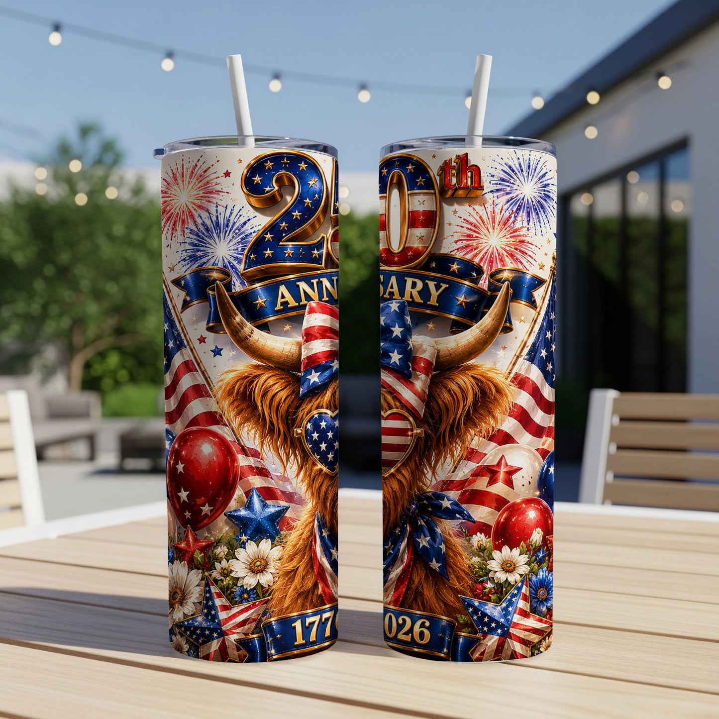 Two tall tumblers with patriotic holiday design and 20th anniversary text.