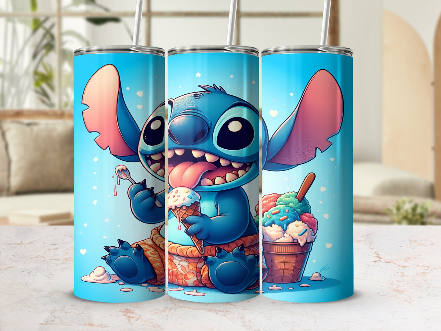 Stitch character holding an ice cream cone and a spoon, with a bucket of ice cream.