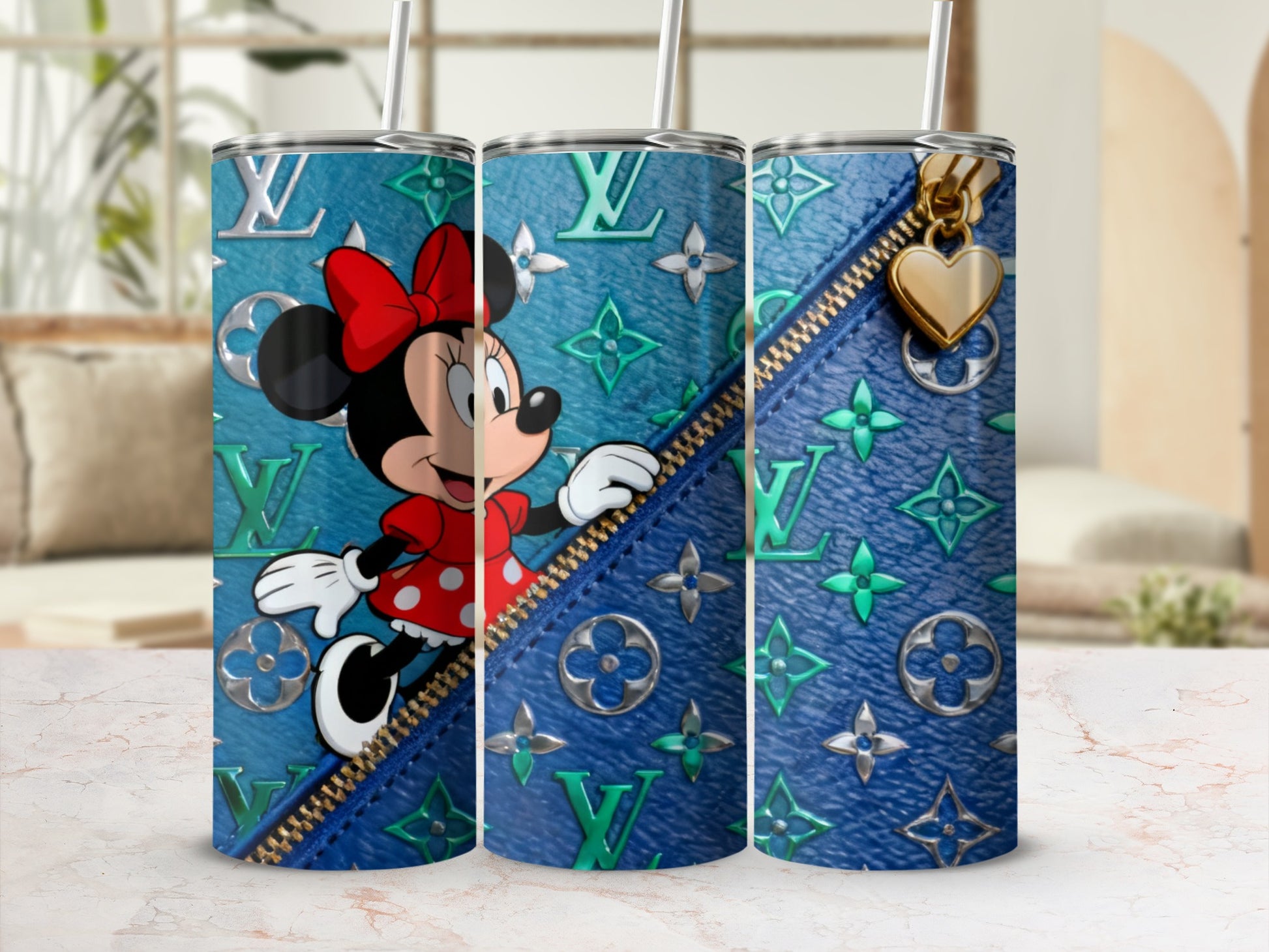 Minnie Mouse on blue textured background with gold zipper and heart charm.
