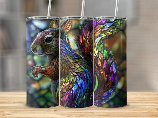 Squirrel with stained glass wings on a tumbler