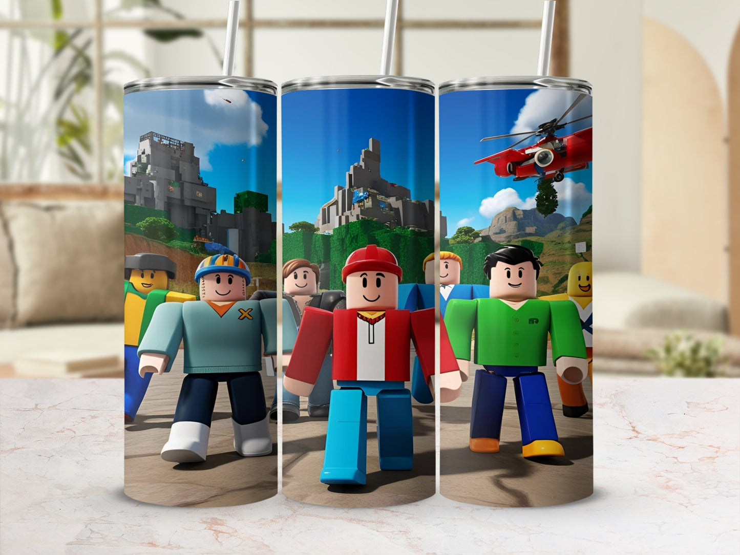 Roblox characters in front of a cityscape with a helicopter.