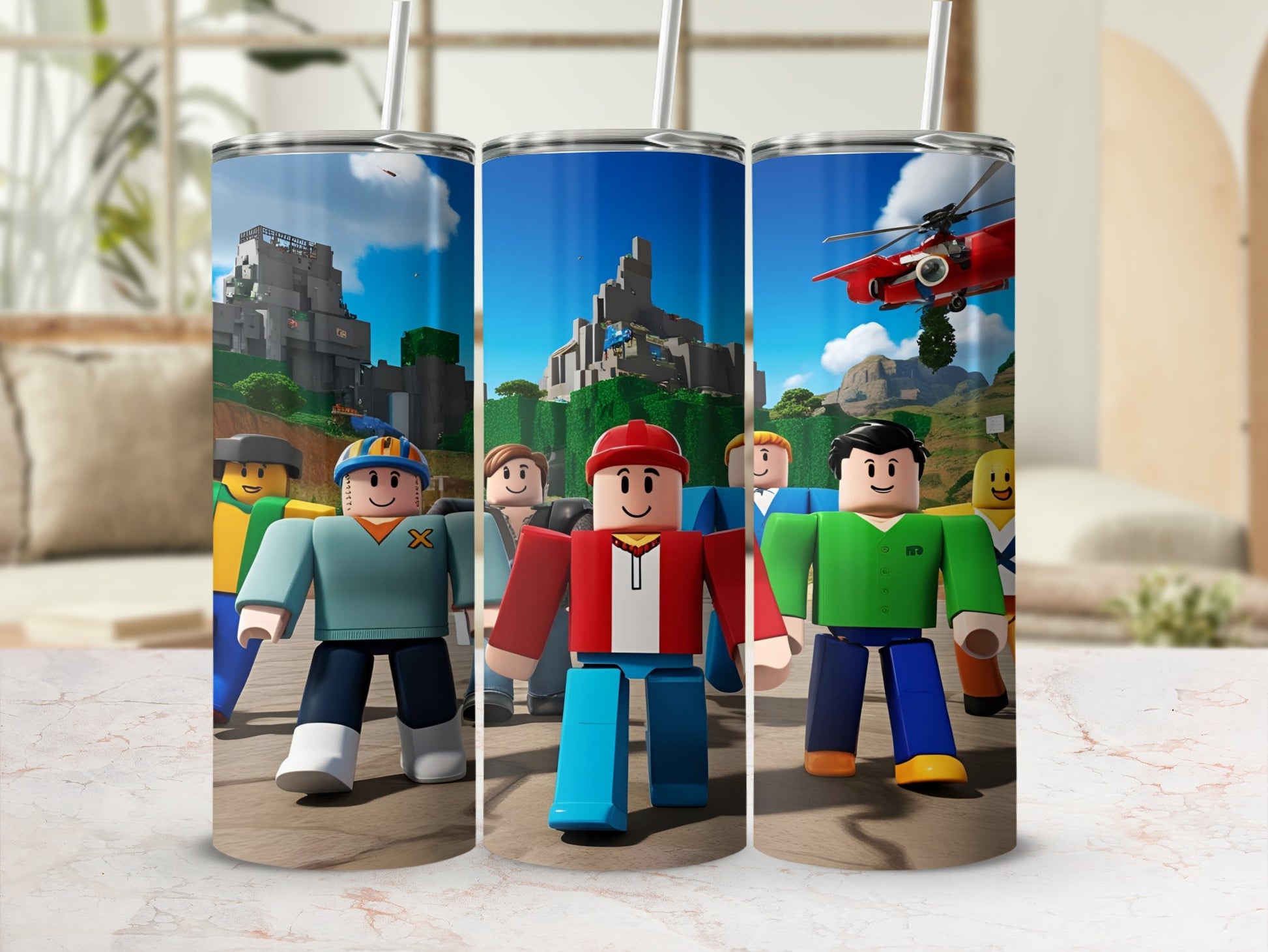 Roblox characters in front of a cityscape with a helicopter.